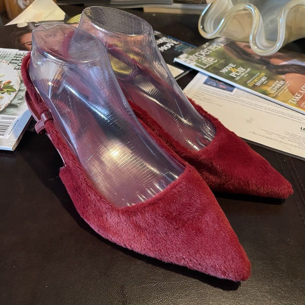No Boundaries Y2K Red Faux Fur Slingback Heels Pointed Toe Shoes Size 9 EU 39